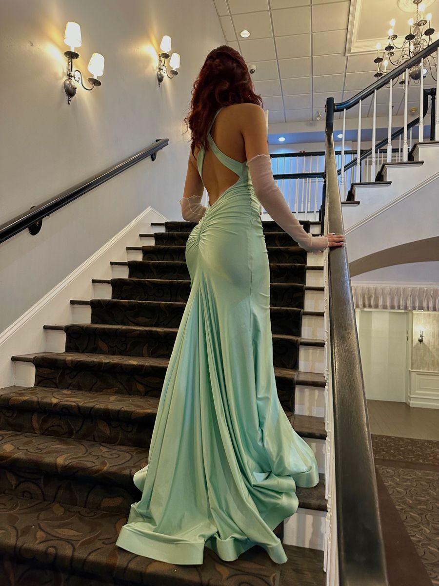 Elegant Mint Green Mermaid Crossover Backless Satin Long Prom Dress Evening Dress