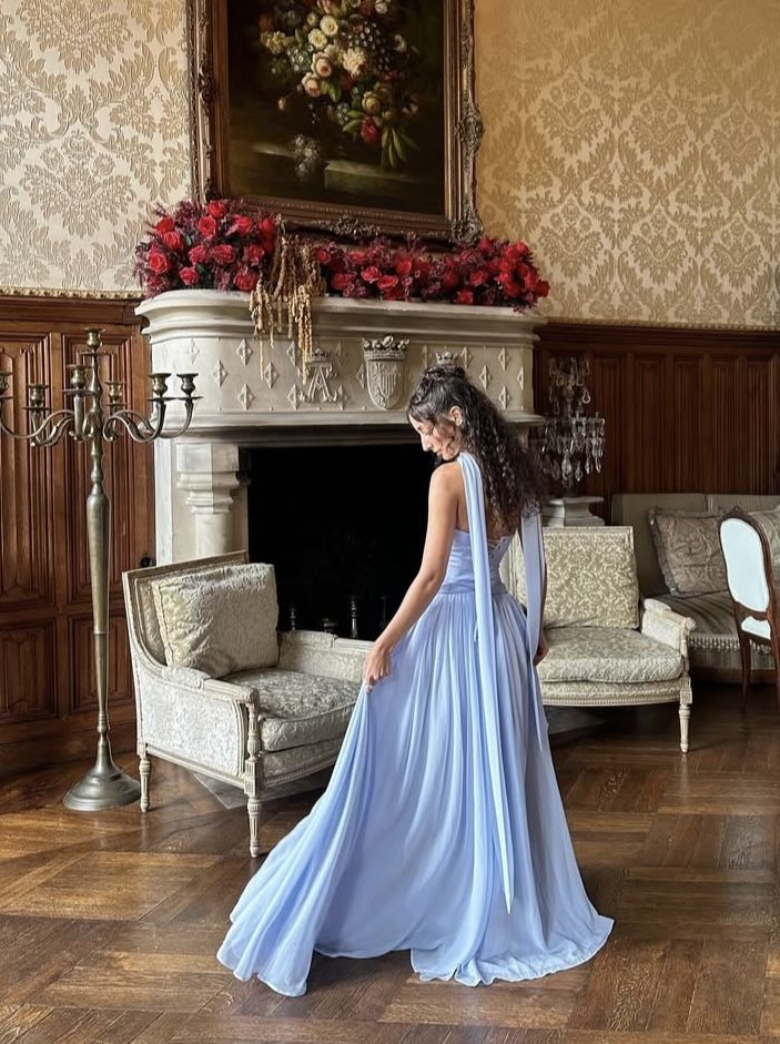 Elegant Blue A-line Strapless Chiffon Long Prom Dress Evening Dress
