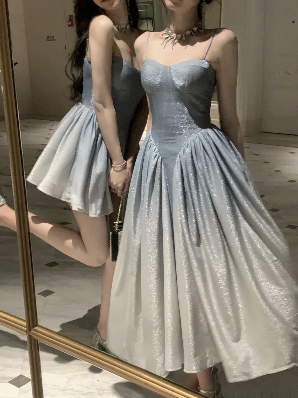 Dreamy Light Blue A-line Spaghetti Strap Sequins Long Prom Dress Evening Dress