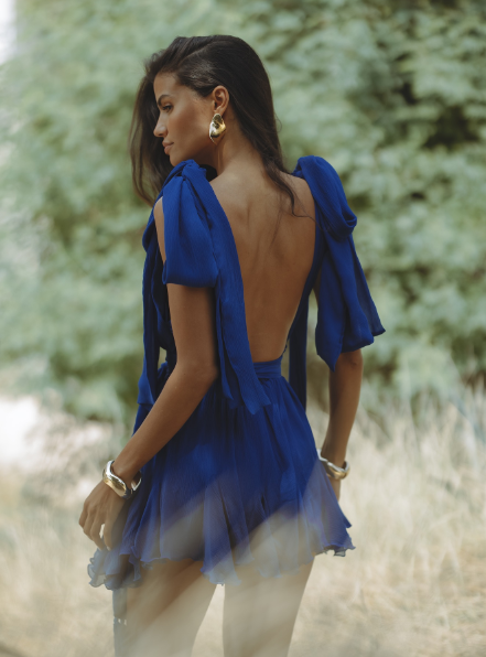 Stunning Royal Blue Deep V-neck, Open-back A-line Chiffon 19th Birthday Homecoming Dress