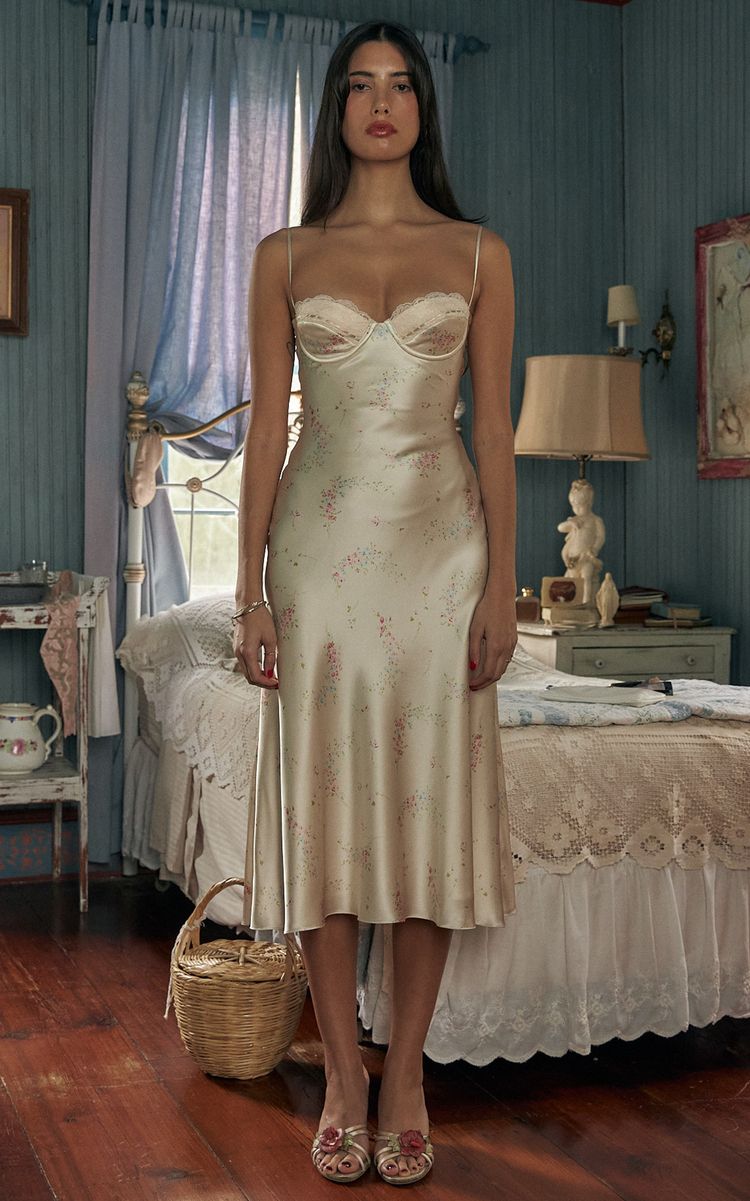 French Retro Ivory Floral Slim Spaghetti Strap Satin Tea-length Prom Dress Evening Dress