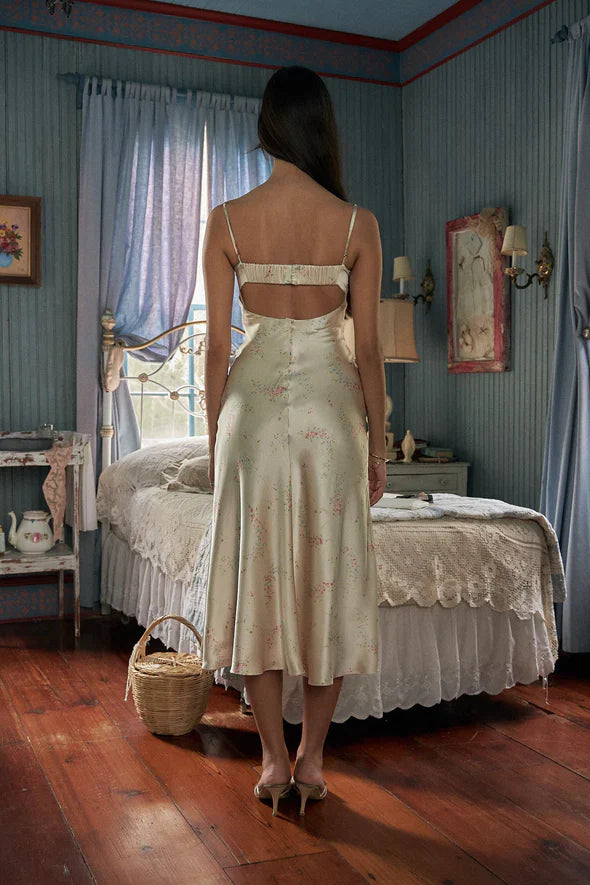 French Retro Ivory Floral Slim Spaghetti Strap Satin Tea-length Prom Dress Evening Dress