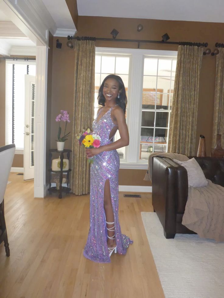 Sparkling Purple Mermaid V-Neck High Slit Sequined Long Prom Dress Evening Dress
