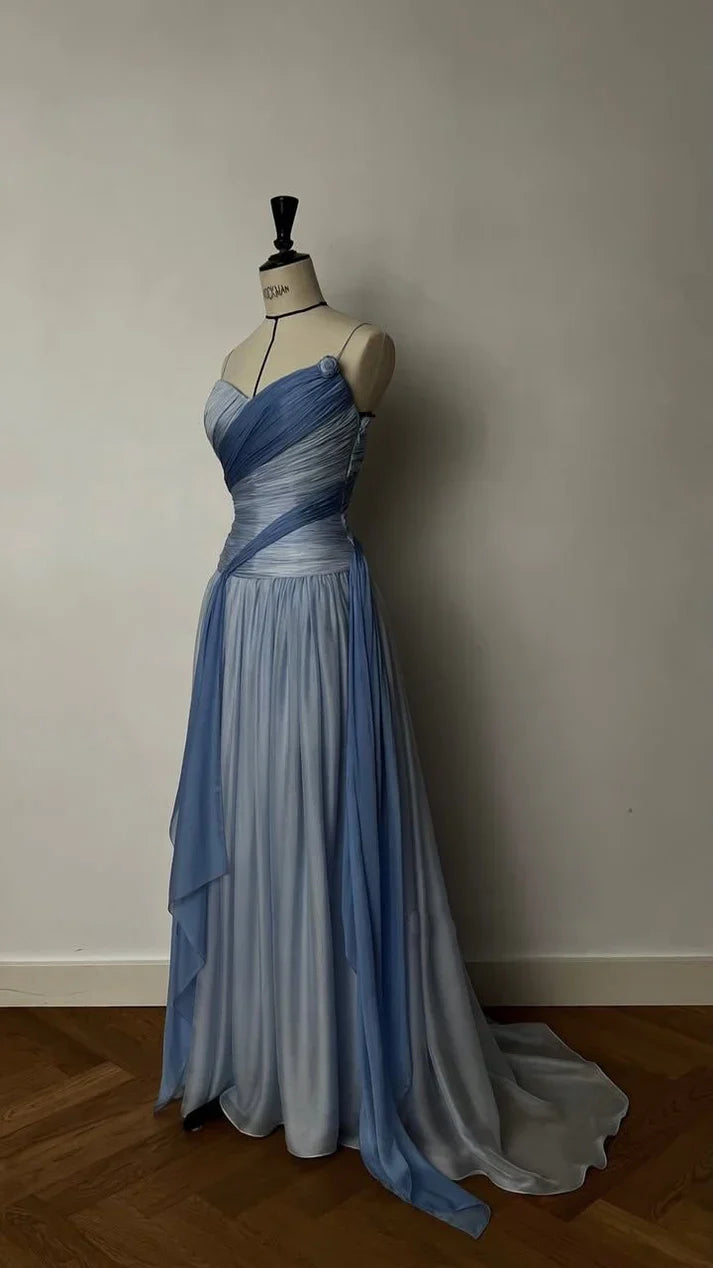 Elegant Blue Gradient A-line V-neck Spaghetti Strap Pleated Tulle Long Prom Dress Evening Dress