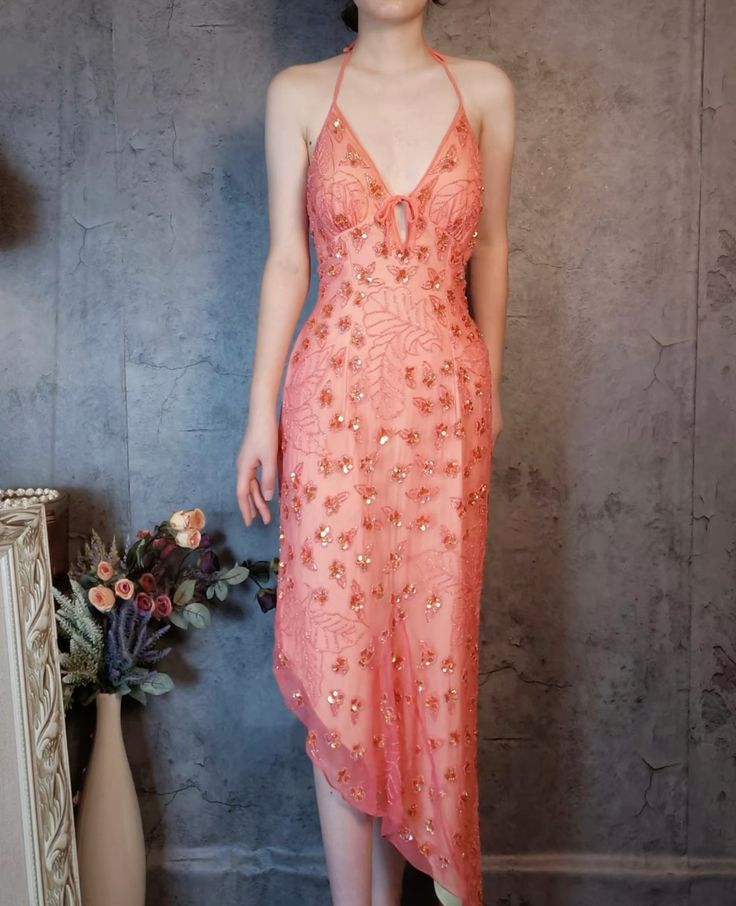 Gorgeous Pink Slim Fit Deep V Halter Neck Open Back Sequin Irregular Skirt Long Prom Dress Evening Dress