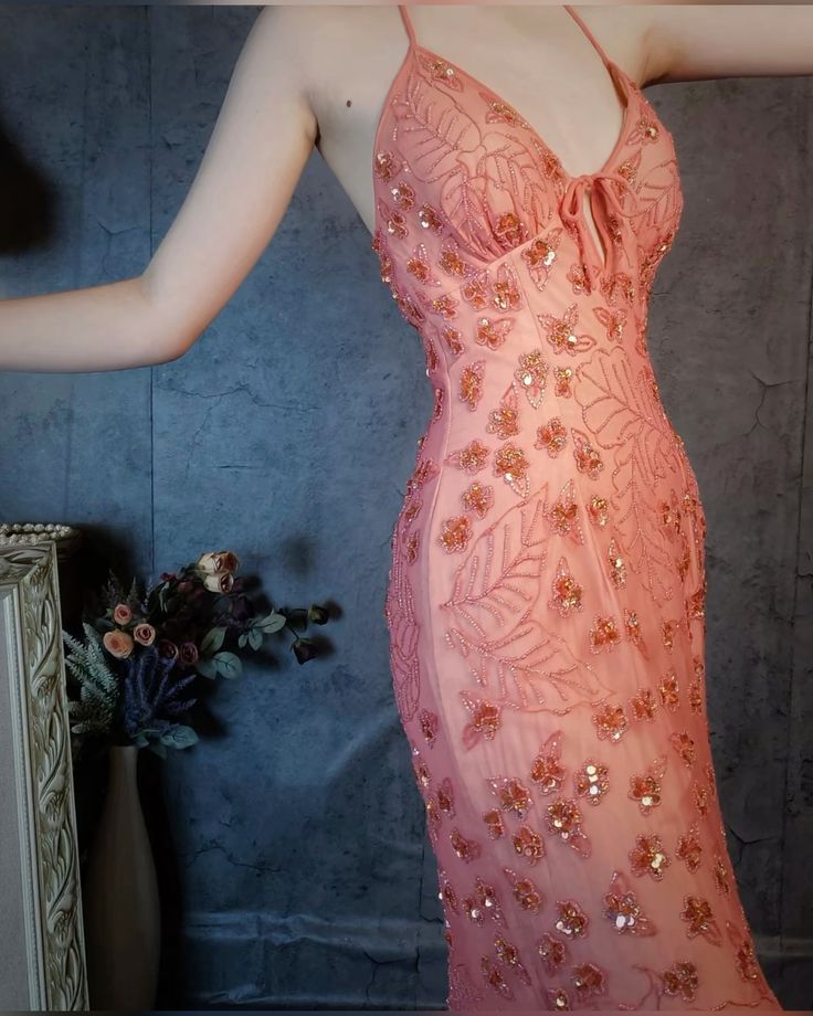Gorgeous Pink Slim Fit Deep V Halter Neck Open Back Sequin Irregular Skirt Long Prom Dress Evening Dress