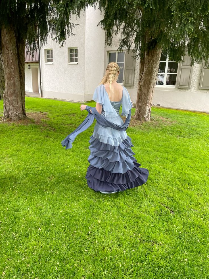 Retro Blue Gradient A-line Multi-Layered Ruffled Chiffon Long Prom Dress Evening Dress
