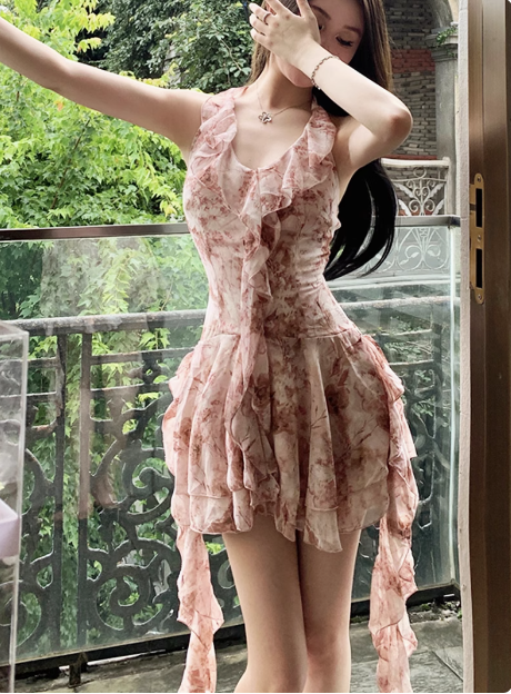 Pretty Pink Floral Halter Neck Chiffon Ruffle 17th Birthday Homecoming Dress