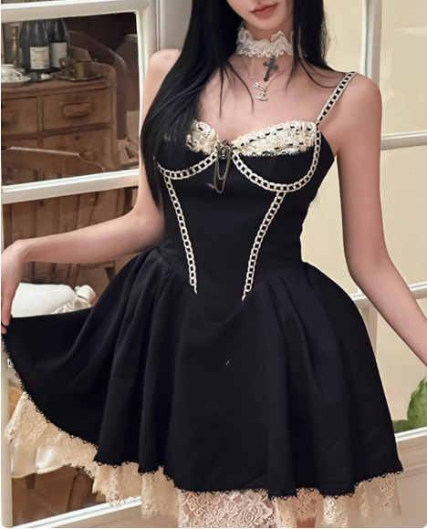 Sexy Herringbone Suspenders Satin Lace Trim A-line Birthday Dress Homecoming Dress