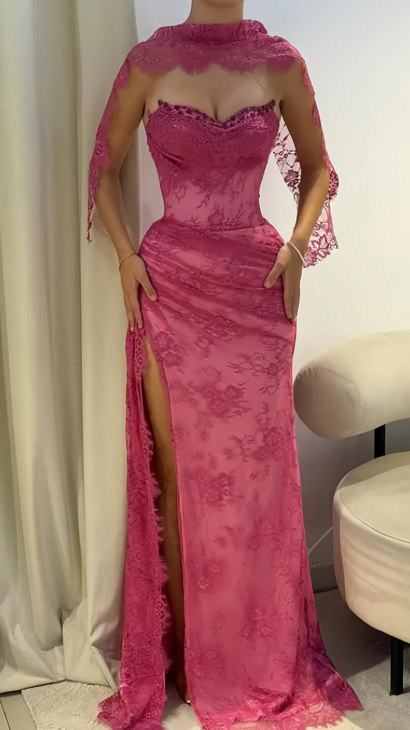 Vintage Pink Mermaid Strapless High-Slit Lace Long Prom Dress Evening Dress