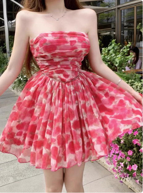 Beautiful Floral Tube Top Pink Tulle A-line Birthday Dress Homecoming Dress