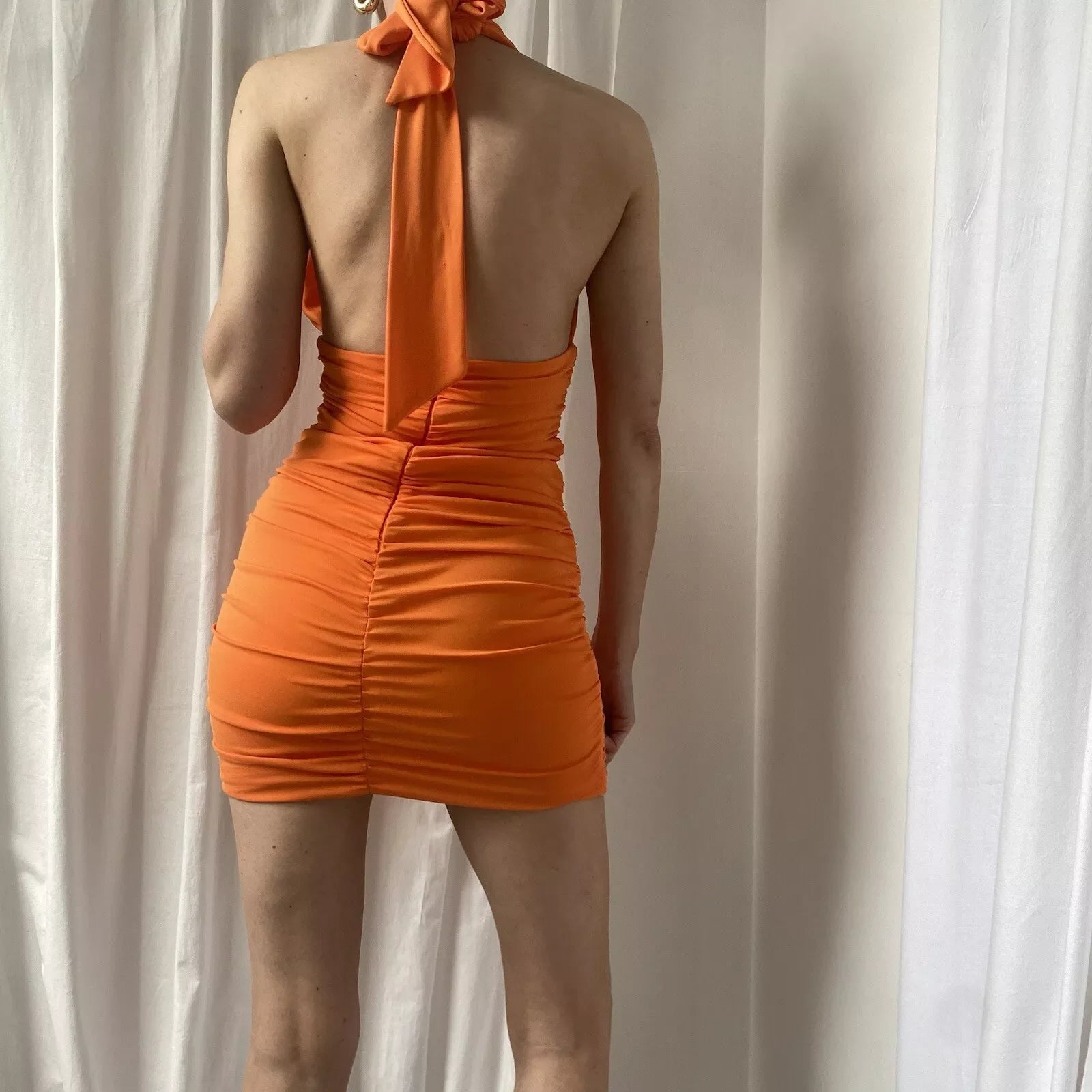 Beautiful Orange Halter Neck Deep V neck Revealing Backpack Hip 17th Birthday Homecoming Dress