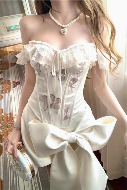 Designer Bow Herringbone Tube Top Satin 17th Birthday Homecoming Dress