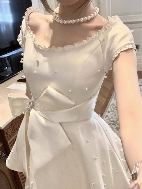Heavy Pearl Satin Bow A-line Birthday Dress Homecoming Dress