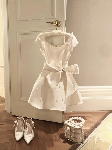 Heavy Pearl Satin Bow A-line Birthday Dress Homecoming Dress