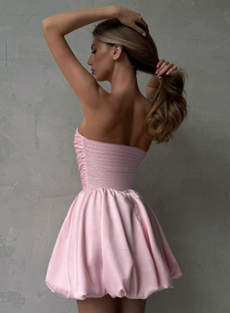 Simple One-shoulder Tube Top Satin Flower Bud Birthday Dress Homecoming Dress