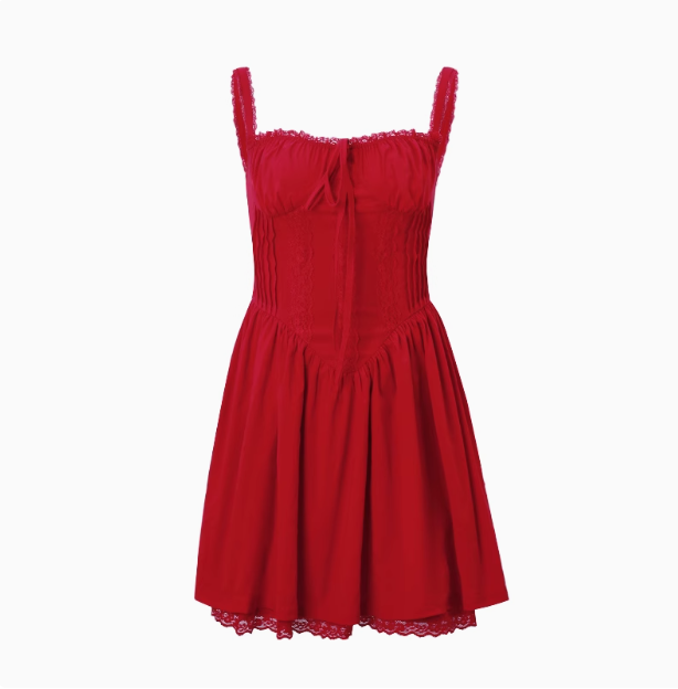 French Ballet Style Tie Waist Suspenders Red Mini Birthday Dress Homecoming Dress