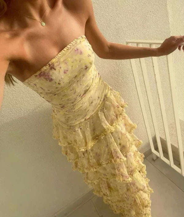 Sweet Yellow Floral Print Strapless A-line Chiffon Long Prom Dress Evening Dress