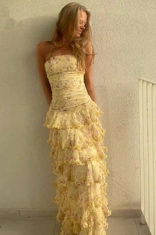 Sweet Yellow Floral Print Strapless A-line Chiffon Long Prom Dress Evening Dress