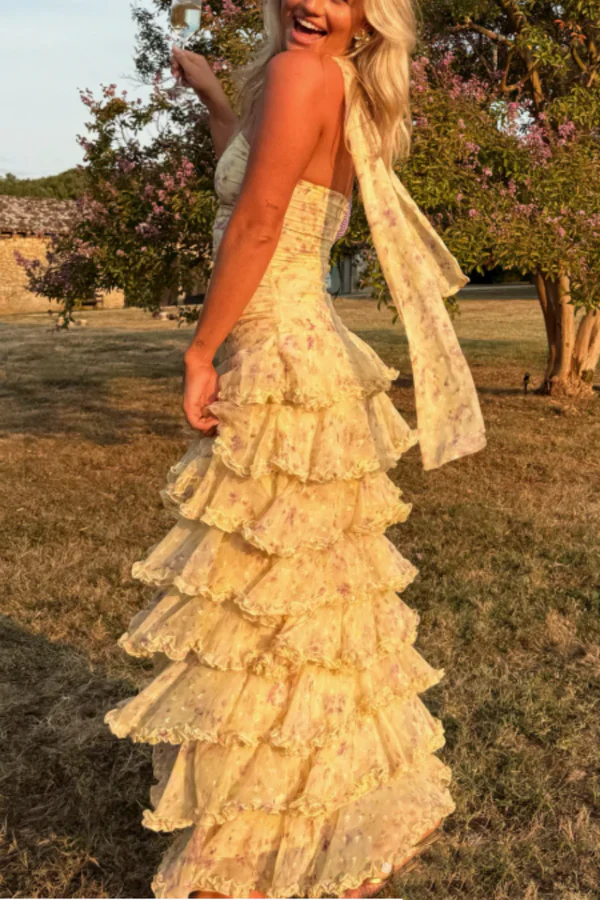 Sweet Yellow Floral Print Strapless A-line Chiffon Long Prom Dress Evening Dress