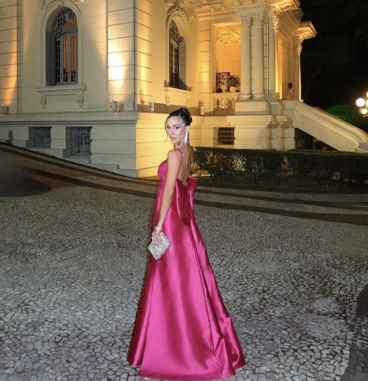 Elegant Hot Pink A-line Deep V Thin Strap Bow Satin Long Prom Dress Evening Dress