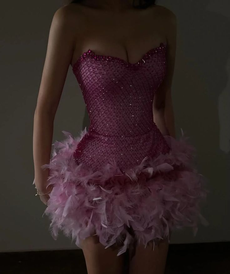 Sparkling Rhinestone Tube Top Feather Splicing Party Birthday Dress