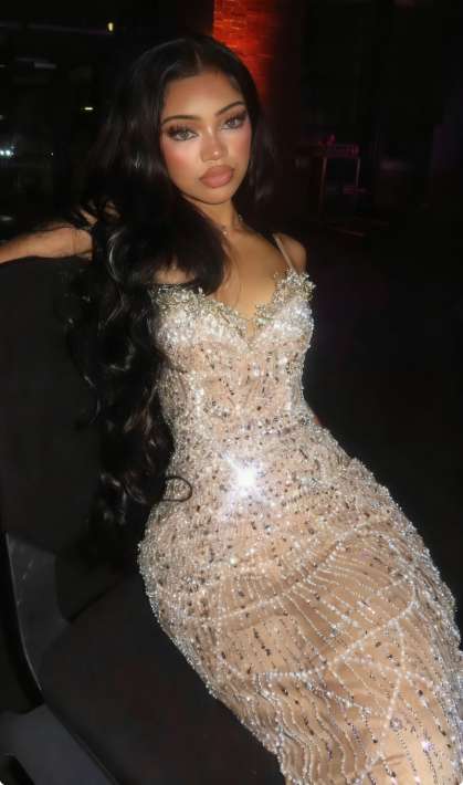 Luxurious Nude Gold Mermaid Deep V Halter Beaded Sequined Long Prom Dress Evening Dress