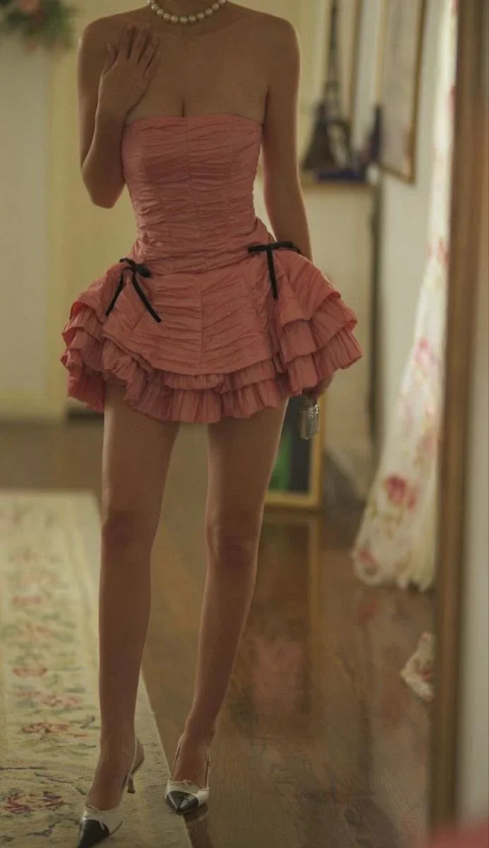 Princess Pink Tube Top Bow A-line 17th Birthday Short Skirt Homecoming Dress