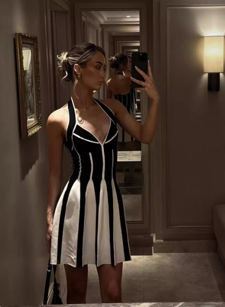 Sexy Low Cut Backless Halter Neck Striped Waist A-Line Homecoming Dress
