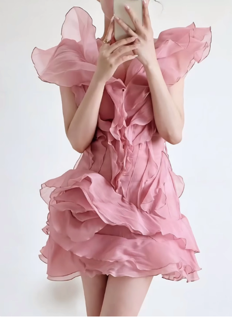 Design Ruffled V-neck One-shoulder Chiffon 17th Birthday Homecoming Dress