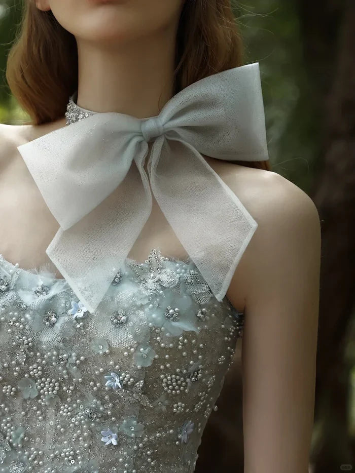 Sweet Light Blue Pearl Sequin Feather Slim Birthday Party Homecoming Dress