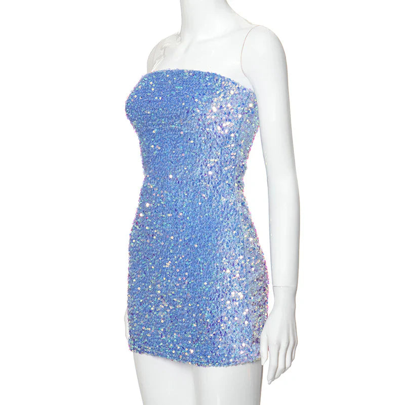 Shiny Blue Sequined Sleeveless Slim Fit Hip 17th Birthday Homecoming Dress
