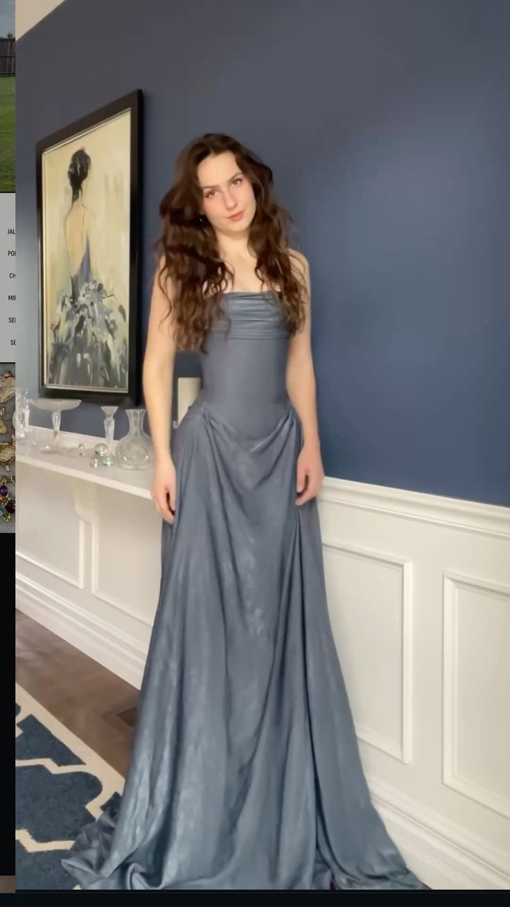 Elegant Grey A-line Strapless Pleated Satin Long Prom Dress Evening Dress