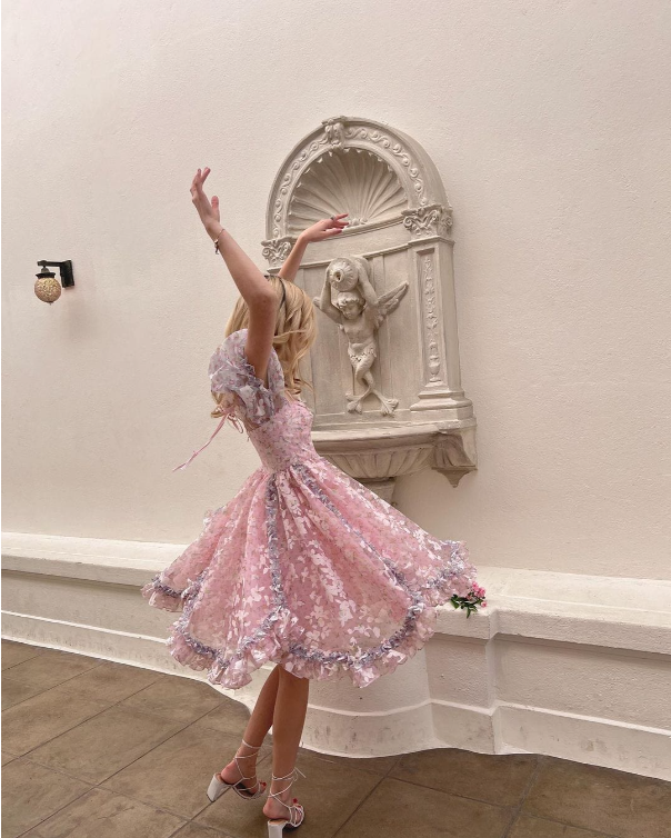 Princess Print Short Sleeve Pink Tulle A-Line Birthday Skirt Homecoming Dress