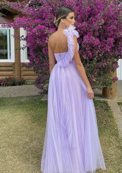 Dreamy Purple A-line One-shoulder V-neck Tulle Long Prom Dress Evening Dress