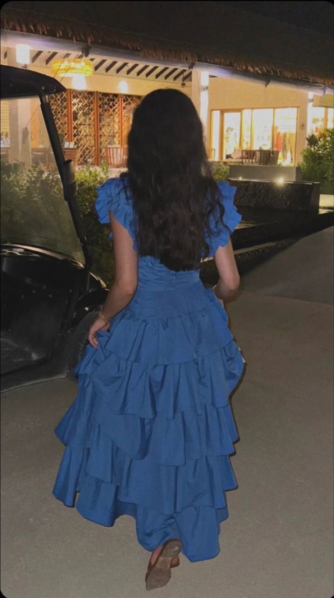 Sweet Royal Blue A-line V-neck Layered Ruffle Long Prom Dress Evening Dress