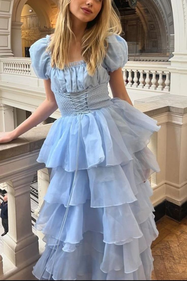 Sweet Light Sky Blue Square Neckline Puff Sleeve Layered Ruffle Organza A-line Long Prom Dress Evening Dress