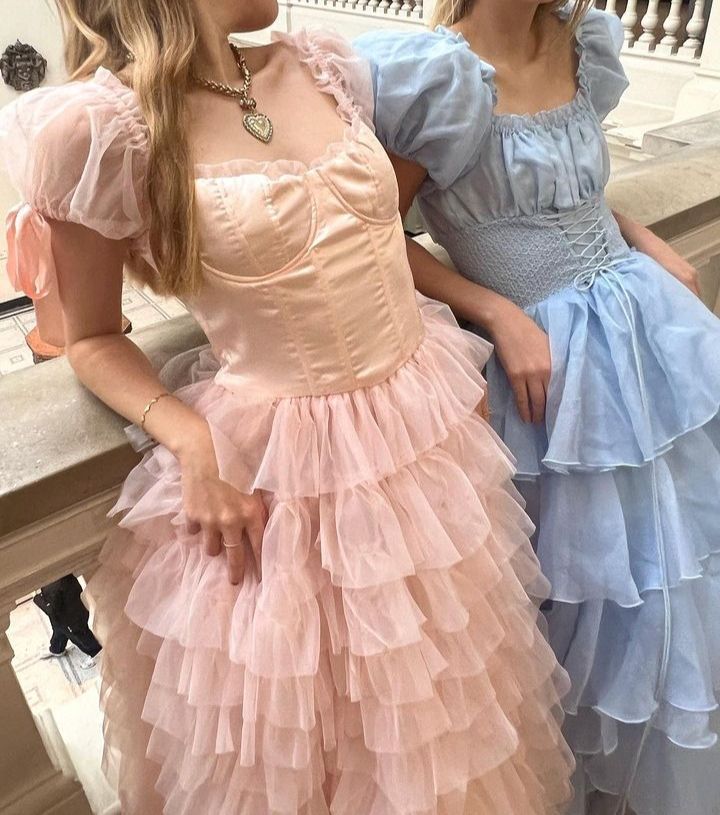 Sweet Light Sky Blue Square Neckline Puff Sleeve Layered Ruffle Organza A-line Long Prom Dress Evening Dress