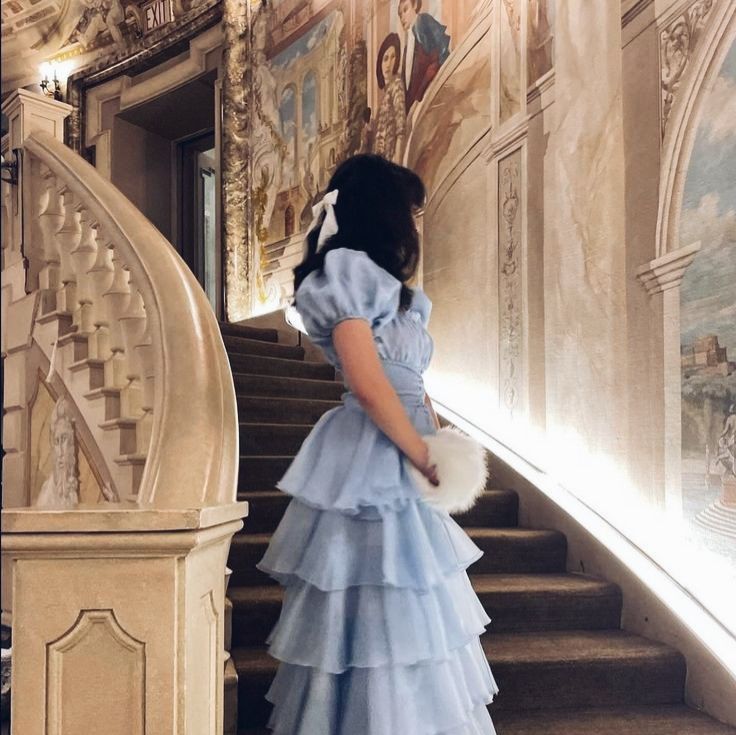 Sweet Light Sky Blue Square Neckline Puff Sleeve Layered Ruffle Organza A-line Long Prom Dress Evening Dress