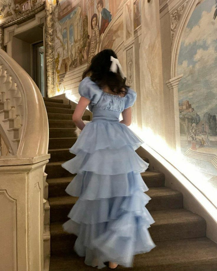 Sweet Light Sky Blue Square Neckline Puff Sleeve Layered Ruffle Organza A-line Long Prom Dress Evening Dress