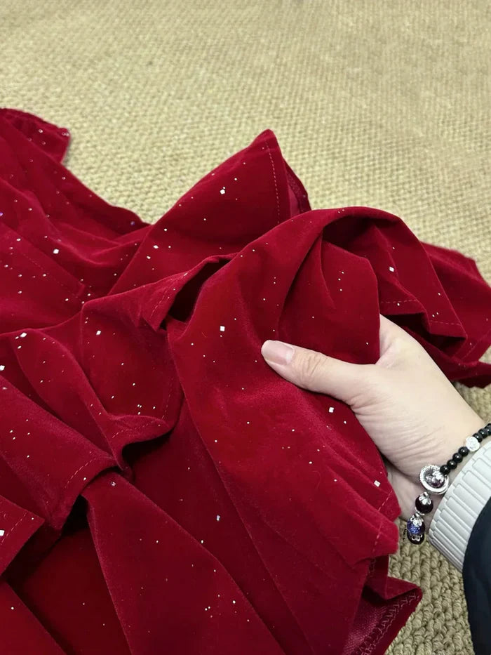 Elegant Burgundy Tube Top Multi-layer Ruffled Shimmering Velvet Birthday Party Homecoming Dress