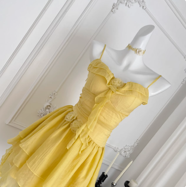 Beautiful Yellow Suspender Flower Irregular Ruffle Chiffon 17th Birthday Short Skirt Homecoming Dress