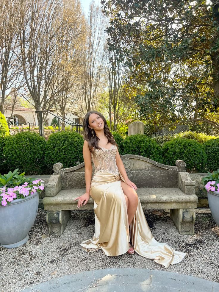 Elegant Champagne Gold Spaghetti Strap Beaded High Slit Satin Long Prom Dress Evening Dress
