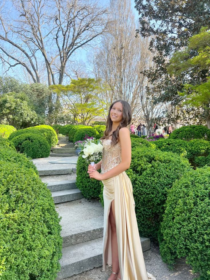 Elegant Champagne Gold Spaghetti Strap Beaded High Slit Satin Long Prom Dress Evening Dress
