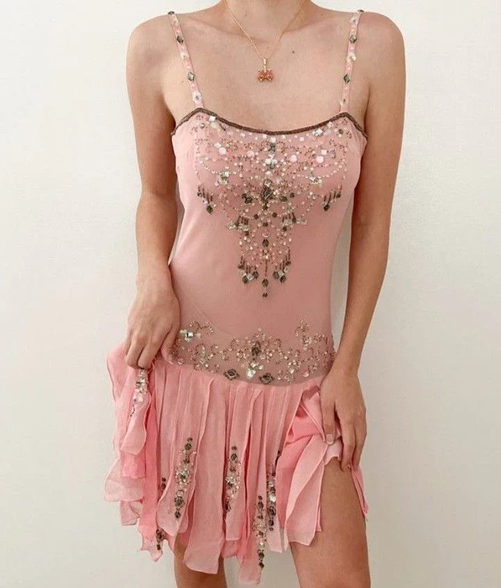Sweet Retro Pink Beads Irregular Ruffle Chiffon 17th Birthday Homecoming Dress