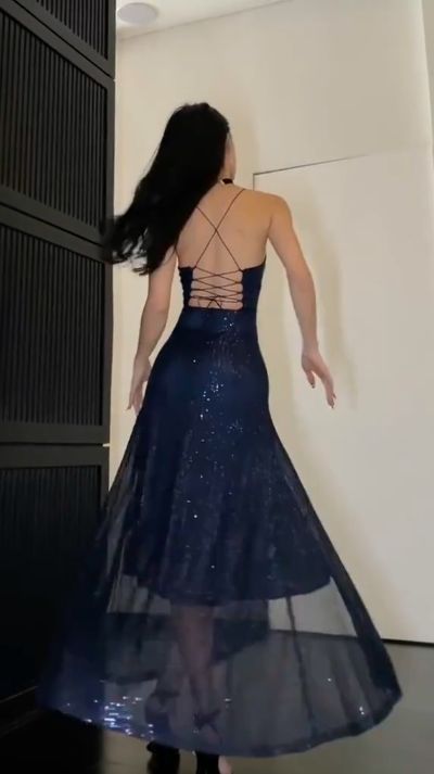 Sexy Navy Blue V-Neck Crisscross Strap High Slit Sequined Tulle Long Prom Dress Evening Dress