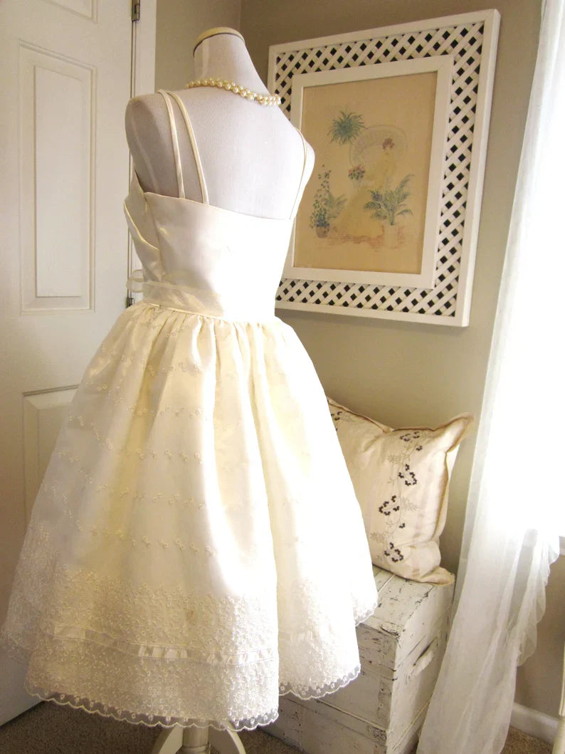 Cute Ivory Strappy Satin Lace Trim A-line Birthday Dress Homecoming Dress