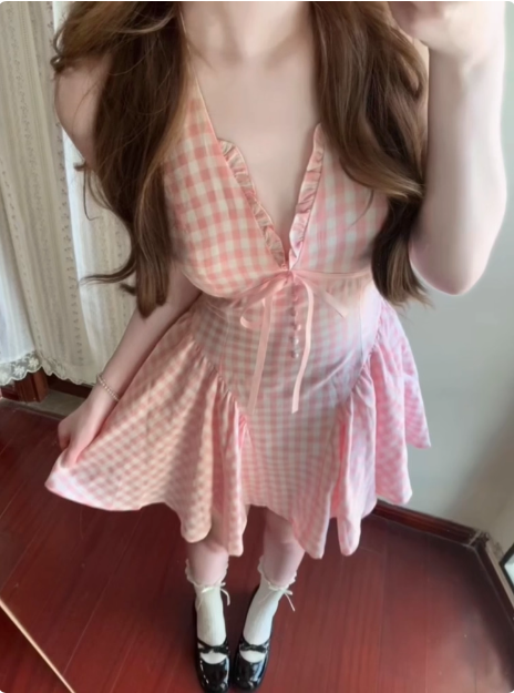 Cute V-neck Lace Bow Plaid Pleated Birthday Skirt Homecoming Dress