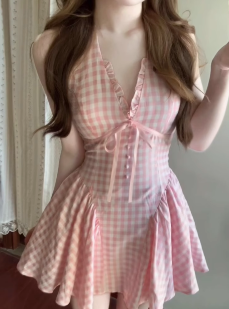 Cute V-neck Lace Bow Plaid Pleated Birthday Skirt Homecoming Dress