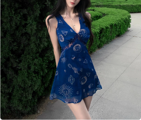 Retro V-neck Printed Mesh Suspenders Birthday Short Skirt Homecoming Dress